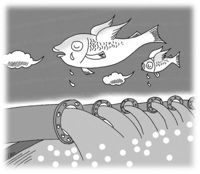 油污頻現近海，漁民生產堪憂。畢傳國 繪