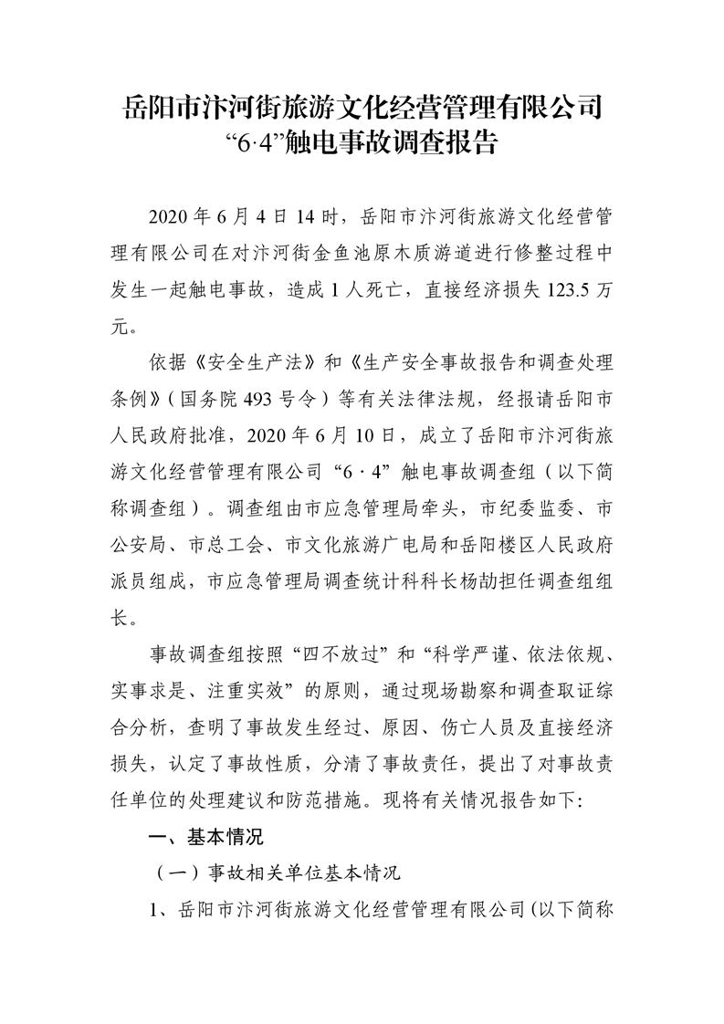 岳陽市汴河街旅游文化經(jīng)營管理有限公司 “6·4”觸電事故調(diào)查報告