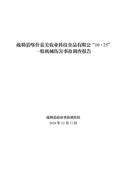 疏勒縣喀什嘉美農(nóng)業(yè)科技食品有限公司“10·25”一般機(jī)械傷害事故調(diào)查報(bào)告
