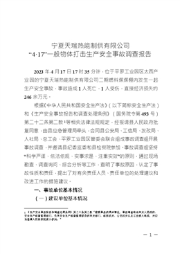 寧夏天瑞熱能制供有限公司“4·17”一般物體打擊生產(chǎn)安全事故調(diào)查報告