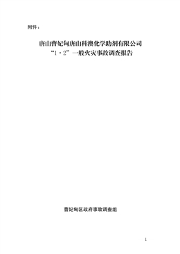 唐山曹妃甸唐山科澳化學(xué)助劑有限公司“1·2”一般火災(zāi)事故調(diào)查報(bào)告